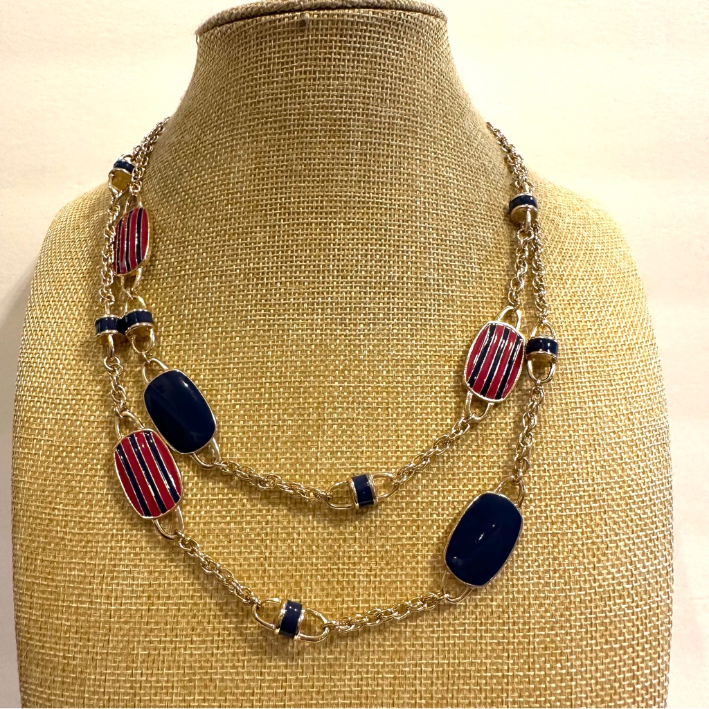 Coldwater Creek Necklace Gold Tone Double Strand Chain W/ Blue & Red Enamel